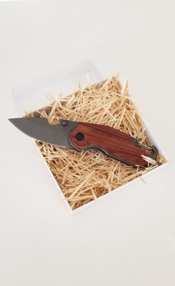 Small Wood Handle Folding Pocket Knife - Unique Engraved Gift for Fathers, Rustic, Custom Engraving, best man gift, Wedding Gift, Carabiner