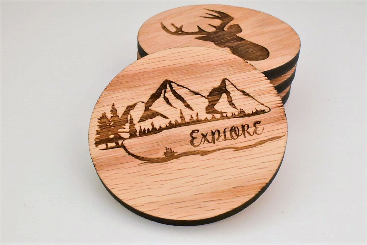 Adventure Themed Circular Wooden Coaster Set