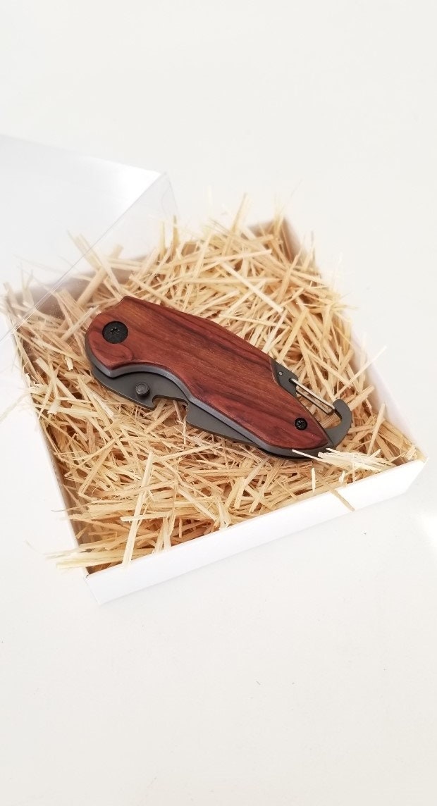 Small Wood Handle Folding Pocket Knife - Unique Engraved Gift for Fathers, Rustic, Custom Engraving, best man gift, Wedding Gift, Carabiner