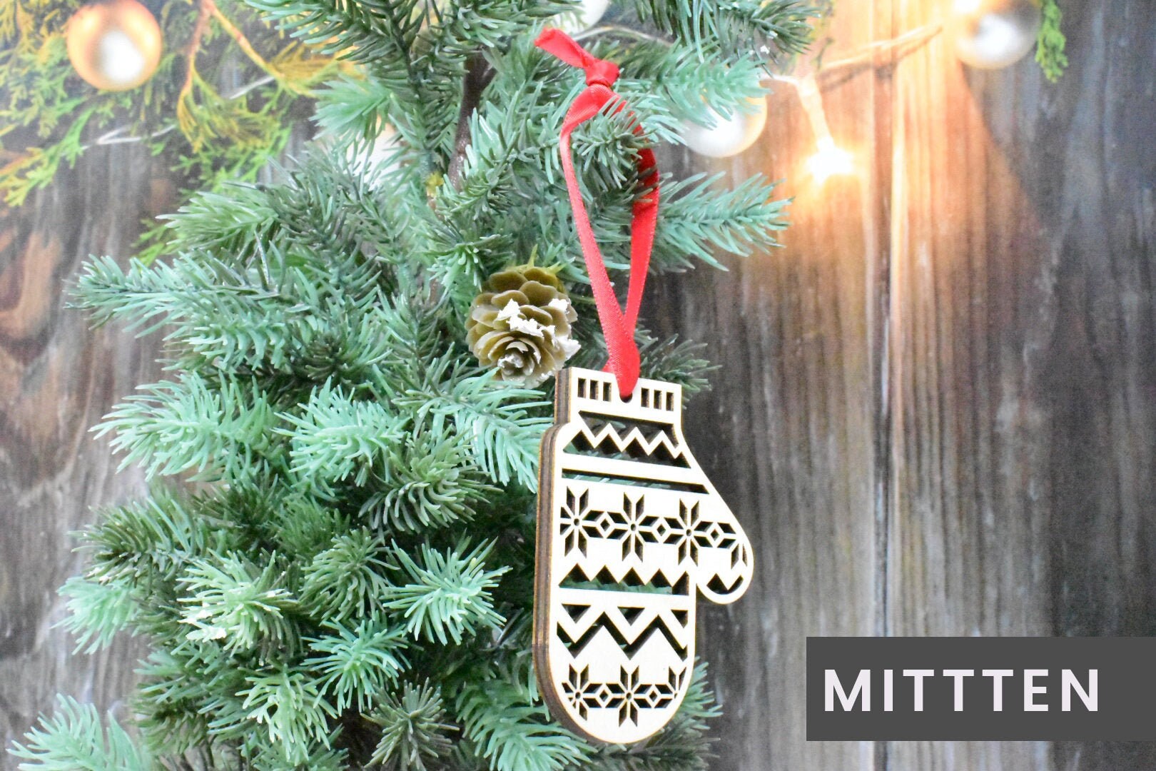 Wooden Christmas Ornaments - Rustic, Festive, Six Laser Cut Designs, Modern Christmas Tree Ornaments, Hung by Red Ribbon