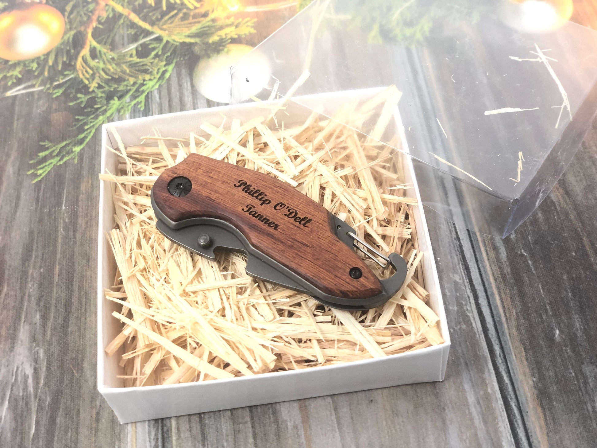 Small Wood Handle Folding Pocket Knife - Unique Engraved Gift for Fathers, Rustic, Custom Engraving, best man gift, Wedding Gift, Carabiner