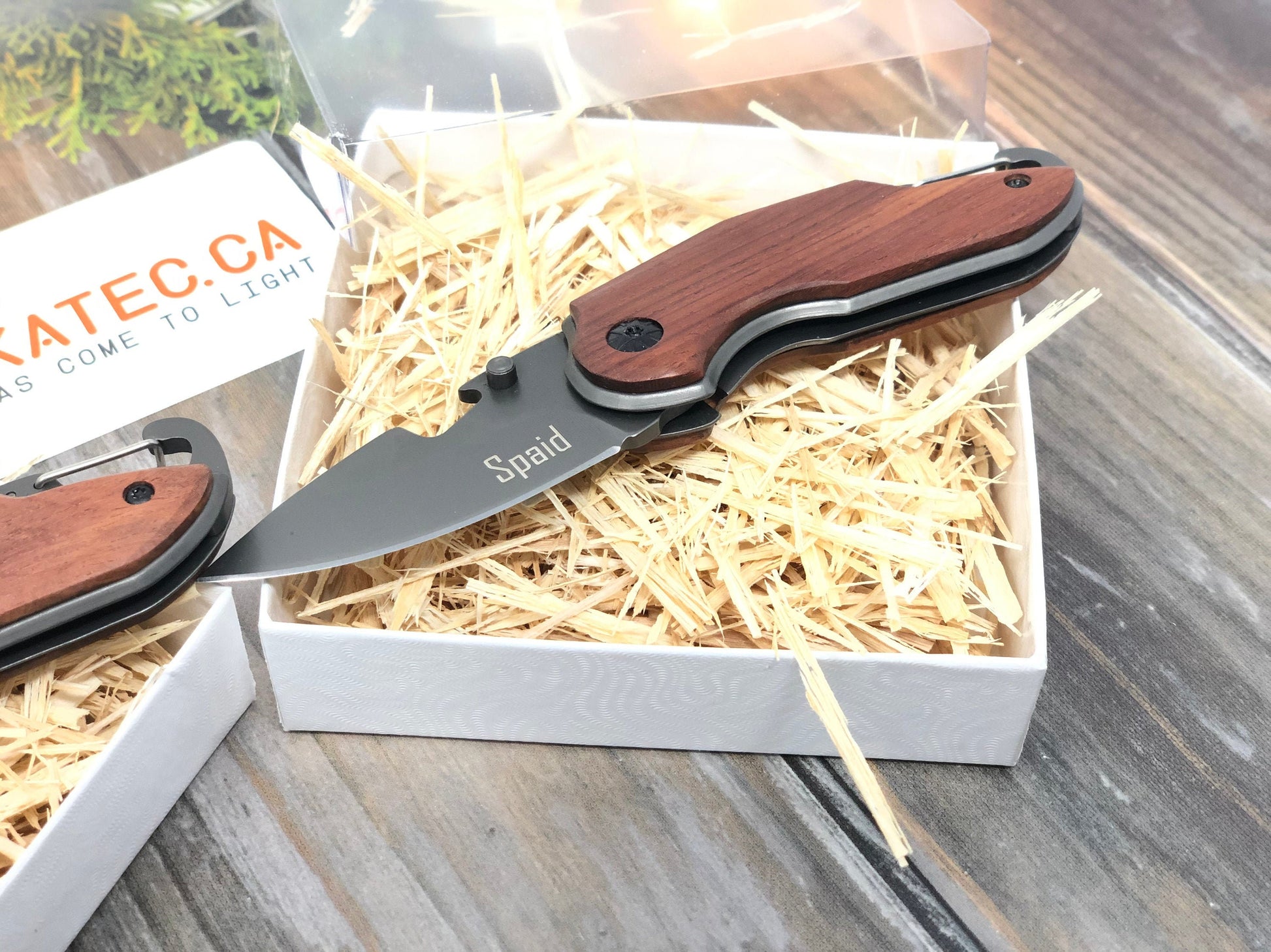 Small Wood Handle Folding Pocket Knife - Unique Engraved Gift for Fathers, Rustic, Custom Engraving, best man gift, Wedding Gift, Carabiner