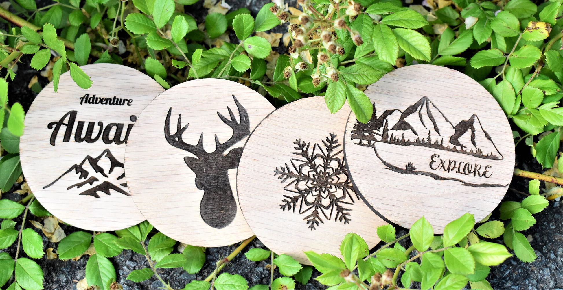 Adventure Themed Circular Wooden Coaster Set