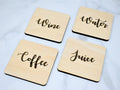 Engraved Wooden 'Wine, Coffee, Water, Juice' Beverage Coaster Set