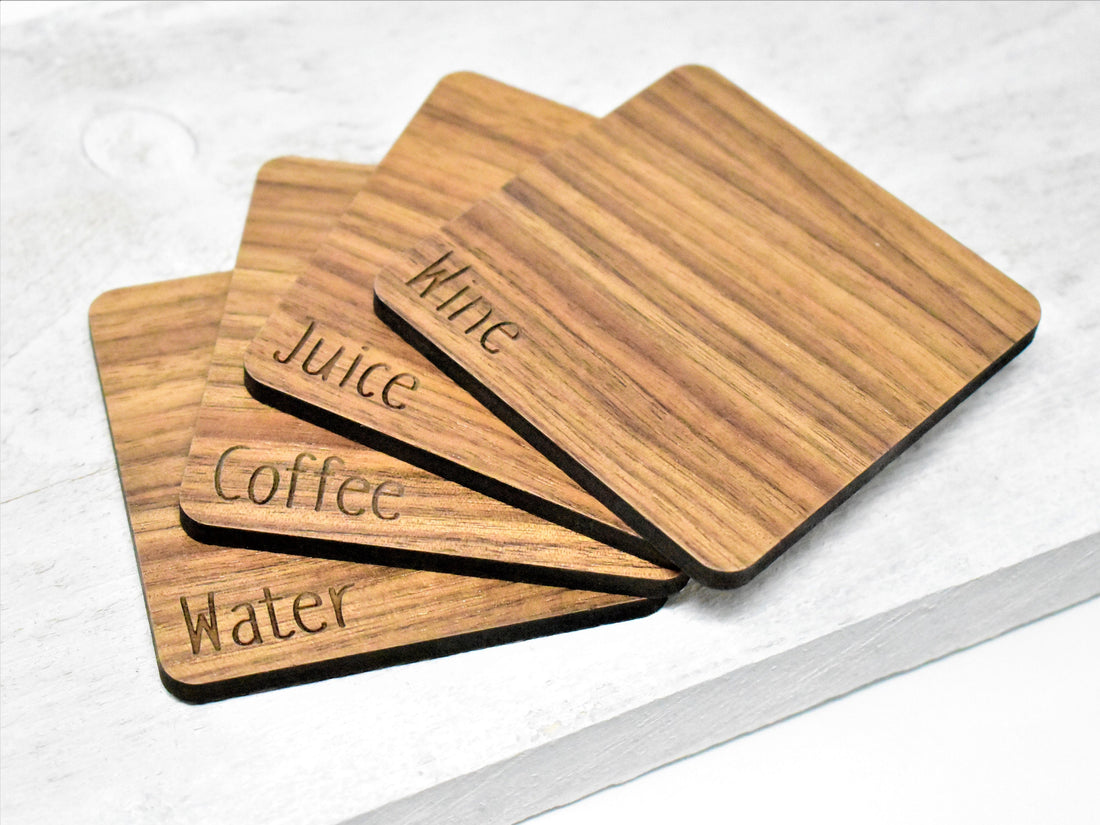 Wood Grain Coaster Set | Labled 'wine, Coffee. water, Juice" coaster set with modern design