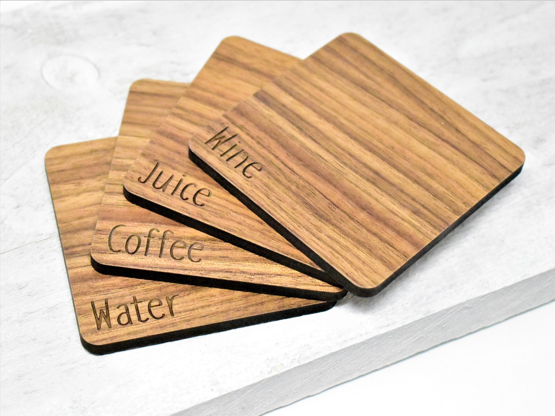 Wood Grain Coaster Set | Labled 'wine, Coffee. water, Juice" coaster set with modern design