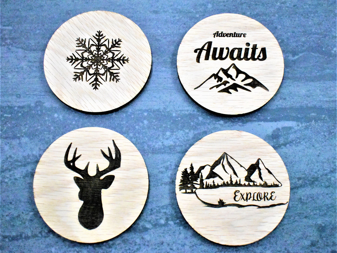 Adventure Themed Circular Wooden Coaster Set