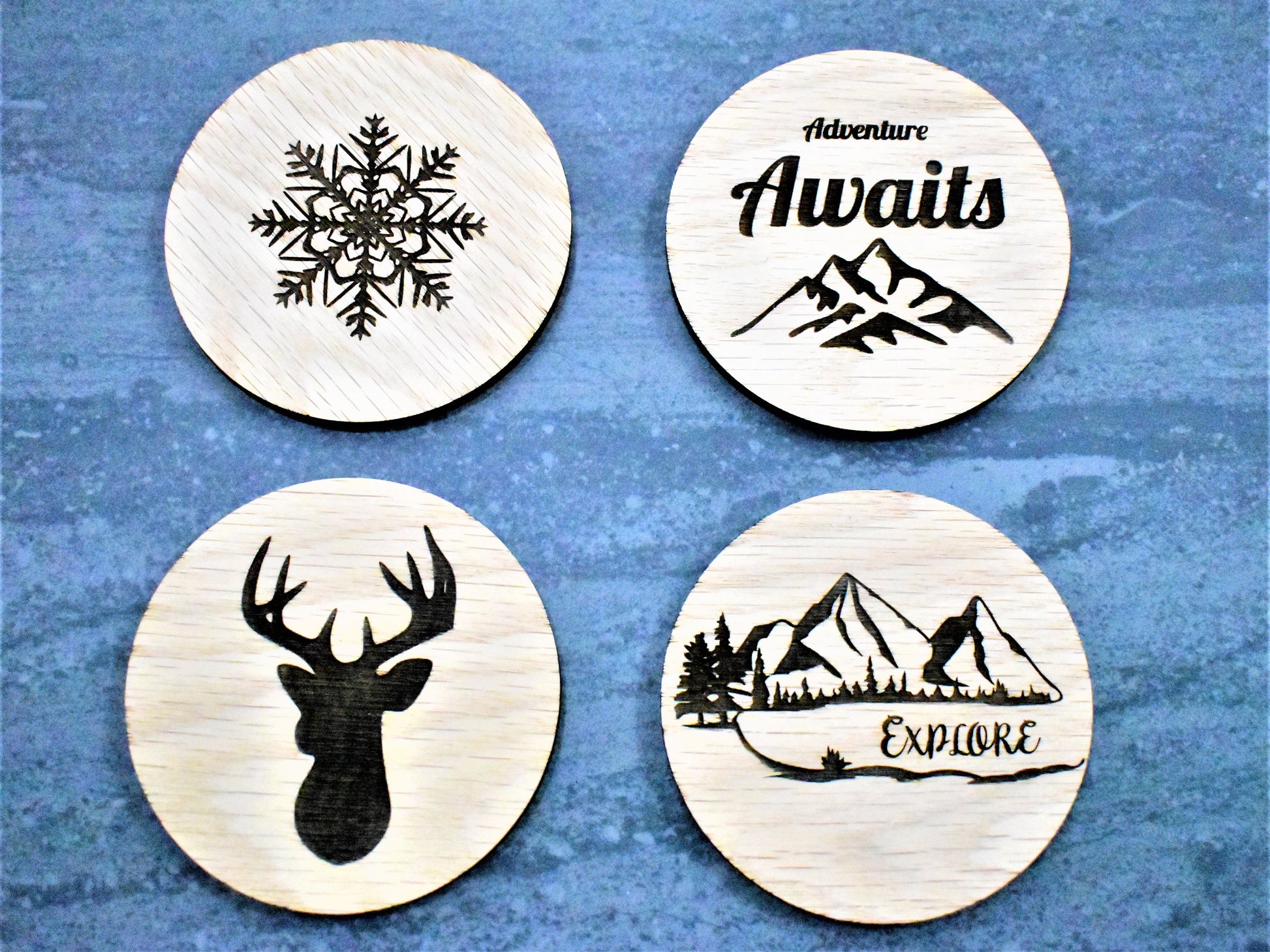 Adventure Themed Circular Wooden Coaster Set