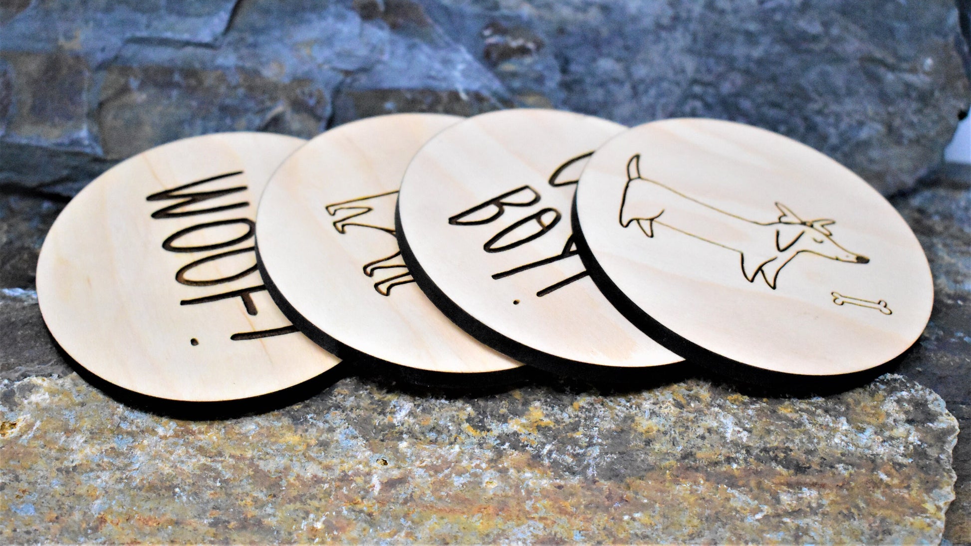 Wooden Engraved Dog Coaster Set - perfect for pet or animal lovers , rustic drink coasters, unique gift for him / her, dog mom / dad