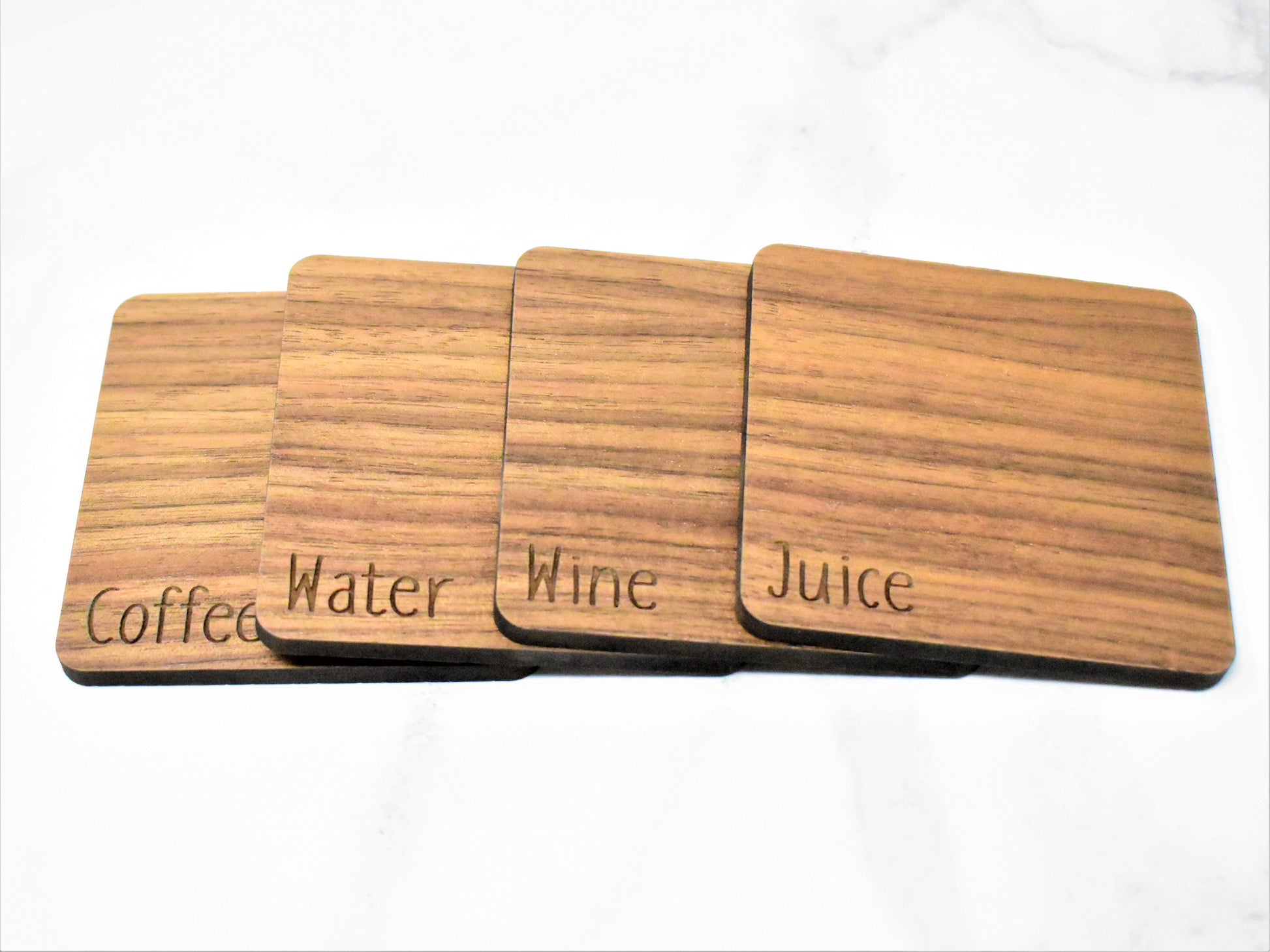 Wood Grain Coaster Set | Labled 'wine, Coffee. water, Juice" coaster set with modern design