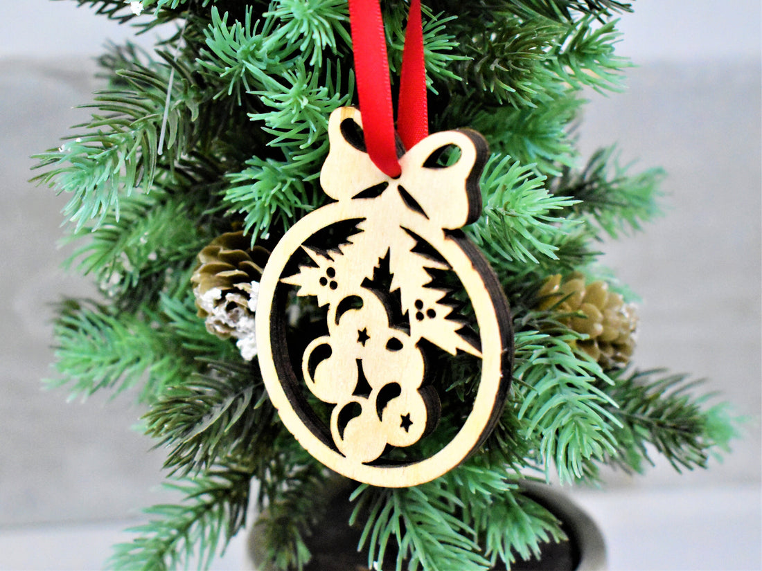 Wooden Christmas Ornaments - Rustic, Festive, Six Laser Cut Designs, Modern Christmas Tree Ornaments, Hung by Red Ribbon