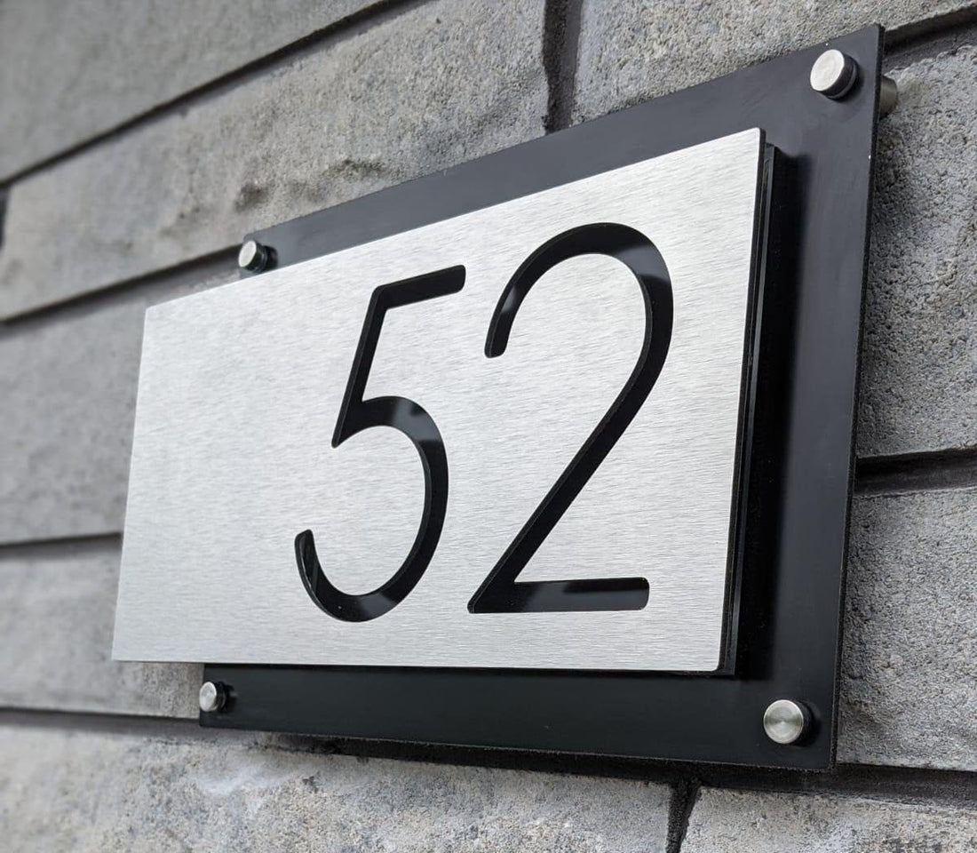 Custom House Number Civic Address Sign - modern / contemporary presentation & design, stylish fonts, unique personalized housewarming gift